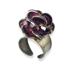 Vintage Floral Ring Size 7.5 Adjustable Band Purple Glass Flower - Flaws